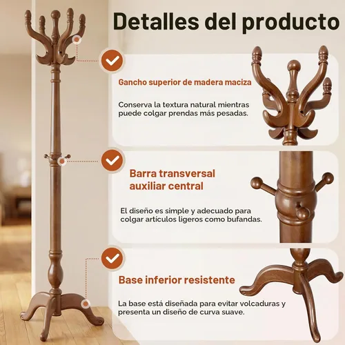 Vista 3 de Perchero de madera de pie, 73.6 pulgadas con gancho
