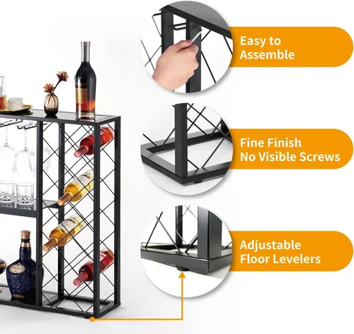 Vista 5 de Mango Steam Consola de estante de vino con mesa de cristal (34 botellas, negro)