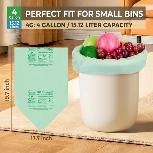 Vista 4 de Bolsas de basura compostables, 3-4 galones, 15 L, extra gruesas de 0.8 mil, bolsas pequeñas de desechos de alimentos de cocina, ASTM D6400, BPI