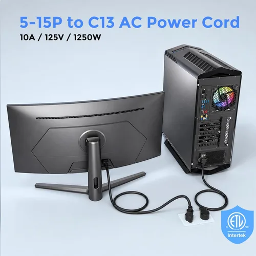 Vista 2 de Cable de alimentación de CA de 3 clavijas de 4 pies, cable de repuesto de enchufe en ángulo 90, NEMA 5-15P a C13, compatible con TV, escritorio