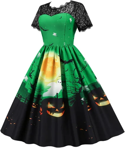 Vista 2 de Vestido de Halloween para mujer 2022 con cuello en V y manga corta con cremallera y panel de encaje