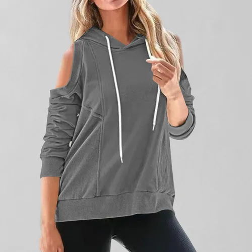 Vista 5 de Cold Shoulder Tops for Women 2023 Hooded Sweatshirt Casual Loose Drawstring Hoodies Pullover Solid Color Fall Clothes