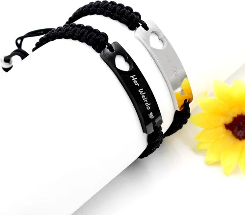 Vista 3 de 1 par de pulseras trenzadas Hademade para parejas, pulseras para hombres y mujeres grabadas con "I Love You 3000, God Gave Me You, His Crazy Her