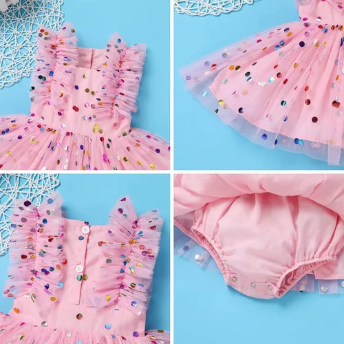 Vista 5 de Vestido mameluco para niña de flores para bebé, vestido de lunares de verano, cumpleaños, vestidos de tul con lentejuelas brillantes, vestidos