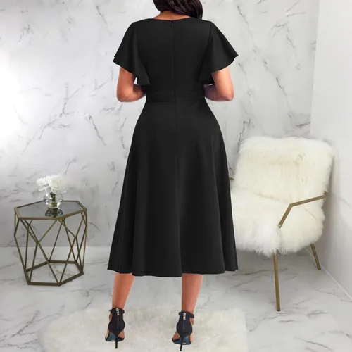 Vista 8 de shengfan Vestido largo de verano de manga corta para mujer, estilo casual, cuello en V profundo, vestido largo acampanado para fiesta de club