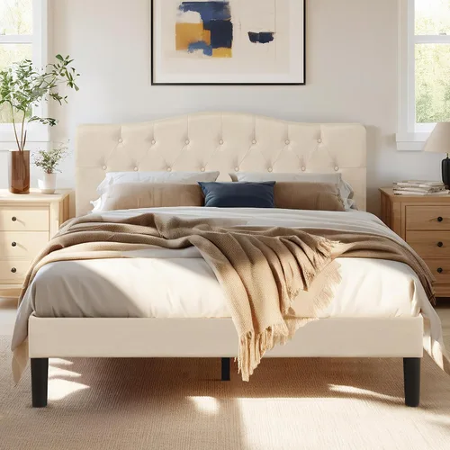 Vista 20 de VECELO Base de cama de plataforma de tamaño individual con cabecera tapizada de tela y soporte de listones de madera, no necesita somier/fácil Beige