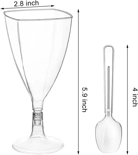 Vista 2 de Foraineam Paquete de 100 tazas transparentes de postre con cucharas, copas de vino de plástico, copas de champán de plástico de 7 onzas, copas