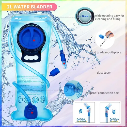 Vista 6 de Mochila de hidratación, mochila de agua con cámara de 2L, mochila de hidratación para raves, esencial para festivales, senderismo, ciclismo