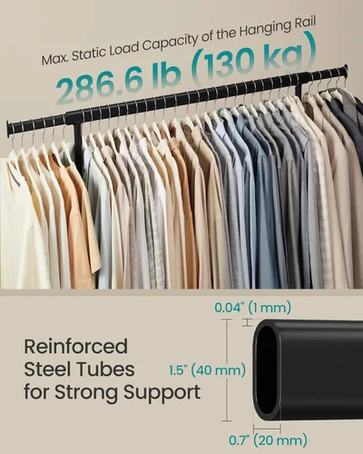 Vista 3 de SONGMICS Perchero con ruedas, estante de ropa resistente con varilla colgante extensible, capacidad de carga de 286.6 lb, 17.7 x (43.3-59.1) x 64.1