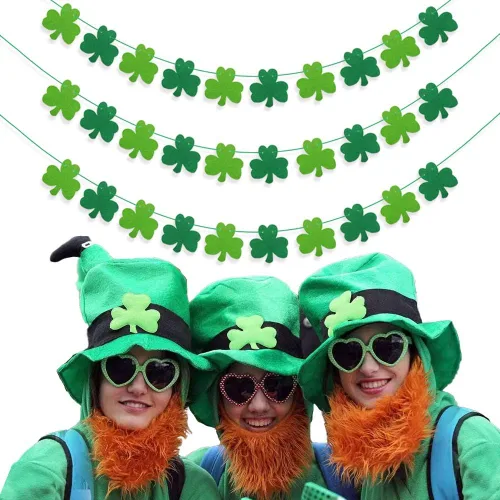 Vista 6 de JOZON Paquete de 3 carteles de fieltro con trébol para el día de San Patricio, decoración de trébol de la suerte, decoración de fiesta con cuerdas