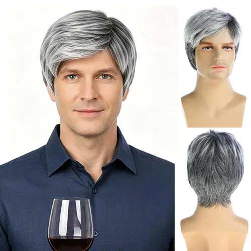 Vista 5 de Peluca corta marrón para hombre, cabello natural, repuesto sintético, disfraz de Halloween, pelucas completas Marrón oscuro