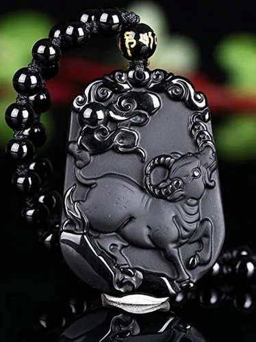 Vista 2 de Collar de animales de zodiaco chino con cuentas de obsidiana natural con cadena de cuentas ajustable, Obsidiana, Obsidiana