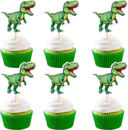 Vista 16 de Ercadio 40 piezas comestibles de dibujos animados de dinosaurios para cupcakes para bebida, decoración de tartas para temática de dinosaurios, baby