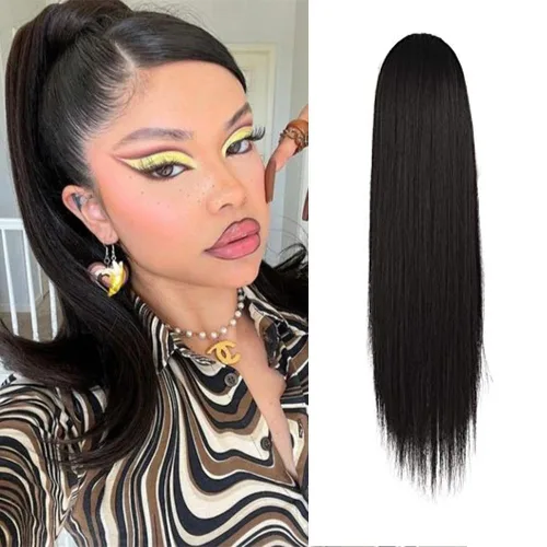 Vista 51 de BARSDAR Extensión de Cola de Caballo Corta y Recta - Extensiones de Cabello de Cola de Caballo con Cordón de 14 Pulgadas en Negro para Mujeres