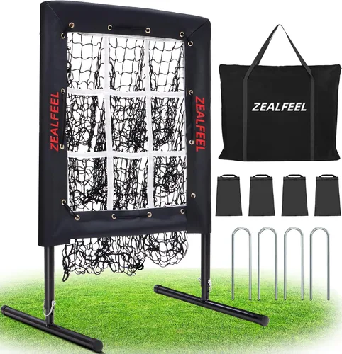 Vista 9 de ZEALFEEL Red de lanzamiento de béisbol, red de tiro de 9 agujeros con zona de ataque, entrenador de lanzamiento ajustable de 5 alturas, red