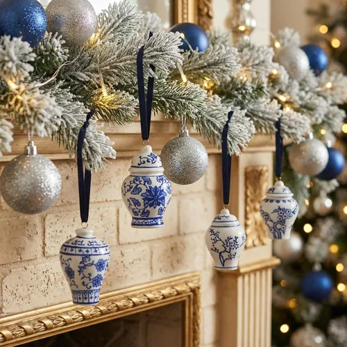 Vista 6 de Goaste Paquete de 4 mini adornos de tarro de jengibre, colgante colgante de Navidad, adornos colgantes de cerámica chinoiserie, decoración de árbol