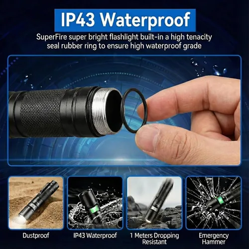 Vista 6 de SuperFire 1000 lúmenes, linternas LED recargables súper brillantes, linterna táctica con zoom con potentes chips, linterna de bolsillo de 4 modos