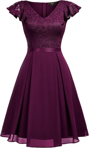 Vista 3 de MISSMAY Vestido retro de cóctel de estilo clásico con encaje y cuello en V para mujer