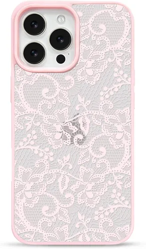 Vista 22 de NITITOP Para iPhone 14 Plus/15 Plus Funda Transparente Encaje Flor - Negro