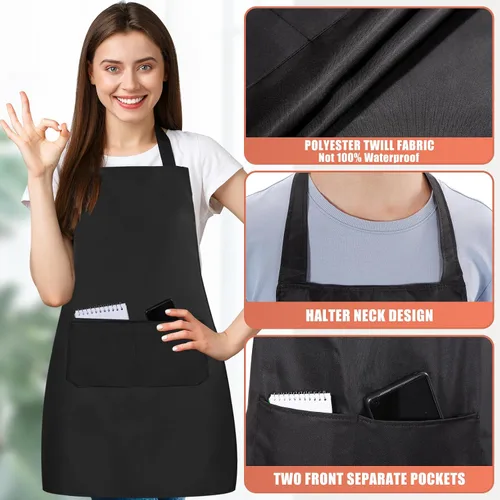 Vista 4 de Paquete de 12 delantales con peto, delantales negros a granel, delantales unisex lisos con 2 bolsillos, delantal negro lavable a máquina