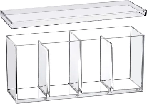 Vista 2 de Amazing Abby - Qutie - Organizador de maquillaje acrílico de 4 compartimentos con tapa, organizador de tocador de baño de plástico transparente