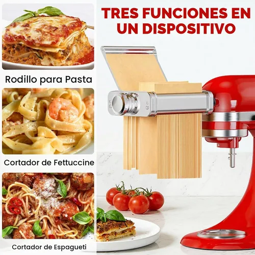 Vista 3 de Accesorio de pasta de acero inoxidable para batidora de pie KitchenAid, máquina de pasta 3 en 1 con rodillo de pasta, cortadores de espaguetis