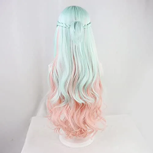 Vista 4 de Peluca cosplay Shinzaki Kuon Invasión de tiro alto Tenkuu Shinpan azul claro rosa ondulado largo Cosplay peluca anime sintético pelo fiesta