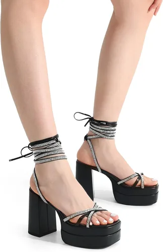 Vista 4 de DREAM PAIRS Sandalias de plataforma con cordones para mujer, con diamantes de imitación, sandalias gruesas Y2K para club, fiesta, cita, baile