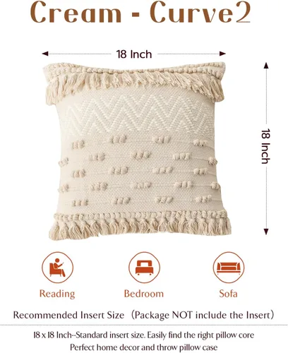 Vista 4 de Funda de almohada bohemia hecha a mano de 18 x 18 pulgadas, fundas de almohada decorativas de hilo de algodón bohemio color caqui crema con textura