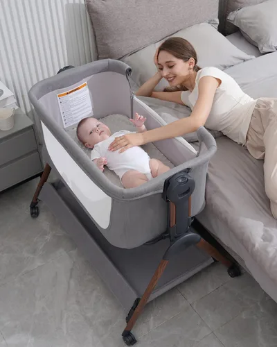 Vista 8 de Cuna para bebé - Cuna para dormir al lado de la cama, Cunas al lado de la cama 3-en-1 para bebé, Cuna con movimiento, con colchón cómodo, ruedas