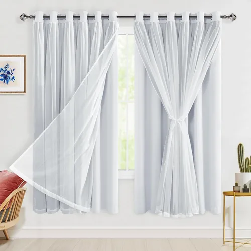 Vista 119 de Hiasan Cortinas opacas con superposición transparente, aislamiento térmico para mezclar y combinar de doble capa, cortinas de oscurecimiento de Beige