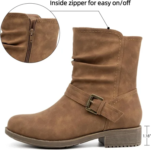 Vista 2 de VJH confort Botas de media pantorrilla para mujer, botines holgados con hebilla cómoda con cremallera lateral