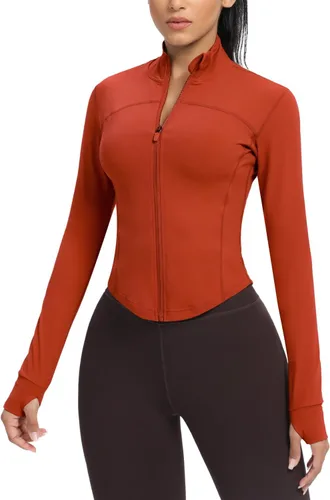 Vista 94 de AVGO Chaquetas de entrenamiento recortadas para mujer, con cremallera, ajustadas, atléticas, con agujeros para el pulgar
