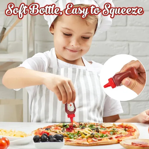 Vista 4 de 8 piezas de botellas mini de ketchup, botellas exprimibles portátiles de condimentos mini, accesorios de lonchera a prueba de fugas de 25ml