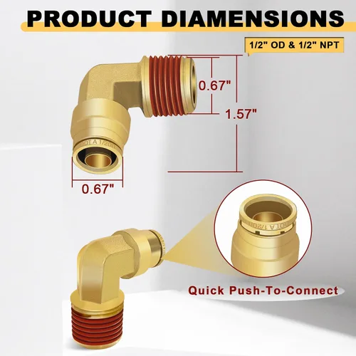 Vista 5 de Siptenk 1/2" Codo DOT de Latón Empuje para Conectar Accesorios de Línea de Aire 5 PIEZAS, Tubo de 1/2" OD x Rosca NPT de 1/2" Accesorios de Conexión