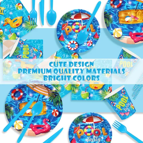 Vista 4 de PHOGARY Juego de vajilla de 93 piezas para fiesta de verano en la piscina, incluye platos de fiesta en la piscina, servilletas, pajitas, cucharas