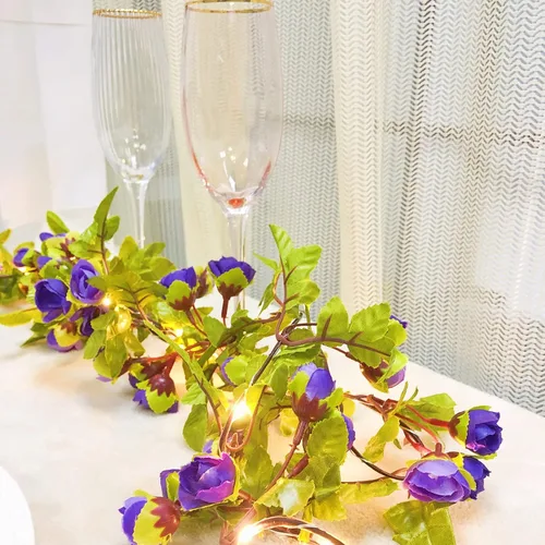 Vista 8 de Guirnalda de luces de simulación de rosas colgantes, guirnalda de plantas de seda, flores artificiales de seda, funciona con pilas, para decoración