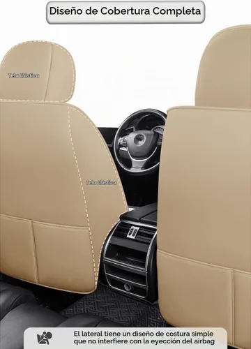 Vista 5 de Juego de fundas para asiento de lindo conejito, 5 piezas con cuero PU impermeable para autos, SUV, camionetas, ajuste universal (Beige)