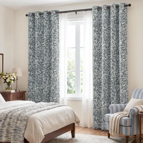 Vista 6 de jinchan Cortinas opacas para dormitorio, cortinas azules con estampado floral de volutas de 84 pulgadas de largo para sala de estar, cortinas