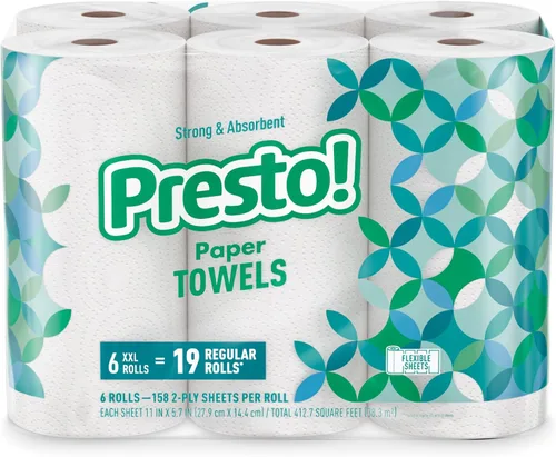 Vista 7 de Presto! Toallas de papel, 128 hojas, 6 rollos Flex-a-Size Rollo familiar 3 paquetes de 2 Blanco