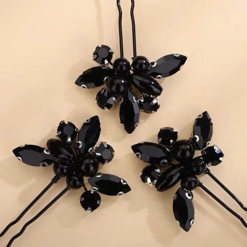 Vista 6 de Teyglen Perlas de cristal de novia, cuentas de diamantes de imitación negros, hechas a mano, pelo largo, diadema de vid para novia, accesorios