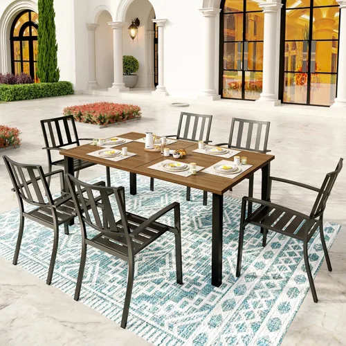 Vista 8 de SUNSHINE VALLEY Juego de 7 sillas de comedor para patio, material metálico, 6 sillas de comedor de color teca rectangular con agujero para sombrilla