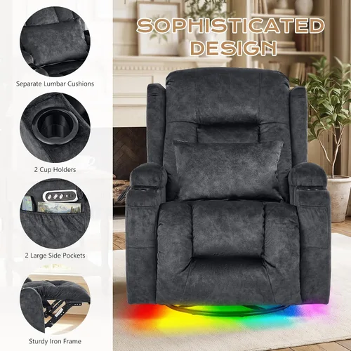 Vista 6 de URRED Silla reclinable giratoria eléctrica con vibración y calor Diseño de motor dual, posiciones infinitas, carga USB, luces LED, portavasos Gris