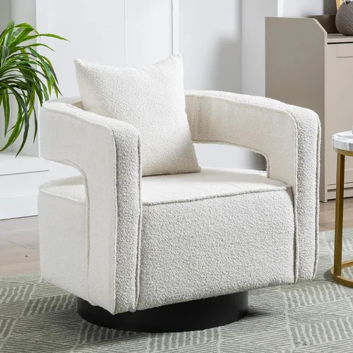 Vista 12 de Silla giratoria decorativa, silla moderna de barril para sala de estar, silla cuadrada cómoda de 360 grados con respaldo abierto, silla tapizada