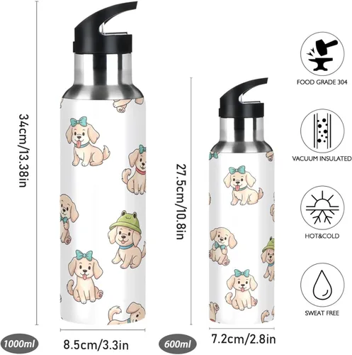 Vista 2 de Cute Cartoon Dogs White Insulated Stainless Steel Water Bottle with Straw 20 Oz Leakproof Water Bottles, BPA-Free Sports Water Bottle with Straw