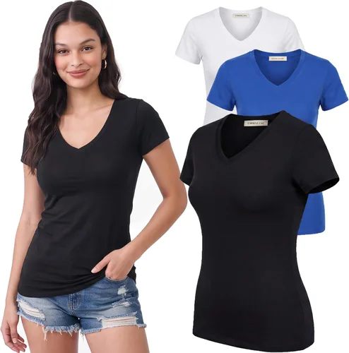 Vista 221 de Emmalise Camiseta de manga corta para mujer, cuello en V, tallas junior y plus