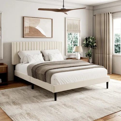Vista 3 de Sismplly Armazón de cama tamaño completo con cabecera tapizada en terciopelo, cama de plataforma con listones de madera resistentes, base para Beige