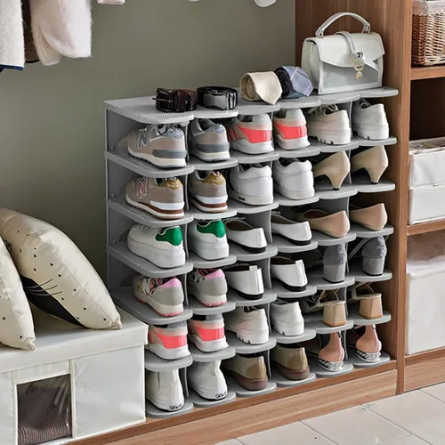 Vista 6 de Zapatero grueso de 6 niveles, organizador de zapatos de combinación gratuita para armario, torre de zapatos independiente, estante ajustable Gris