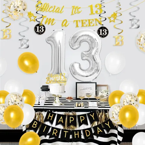 Vista 2 de Decoraciones de cumpleaños número 13 para niños y niñas, suministros de fiesta de cumpleaños número 13 negro dorado con pancarta colgante en espiral