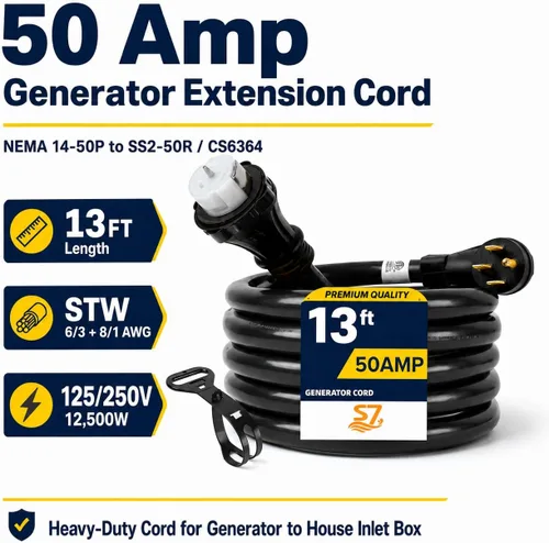 Vista 2 de Cable de extensión de generador de 50 amperios, cable de alimentación resistente de 13 pies 14-50P a SS2-50R para RV, interruptor de transferencia